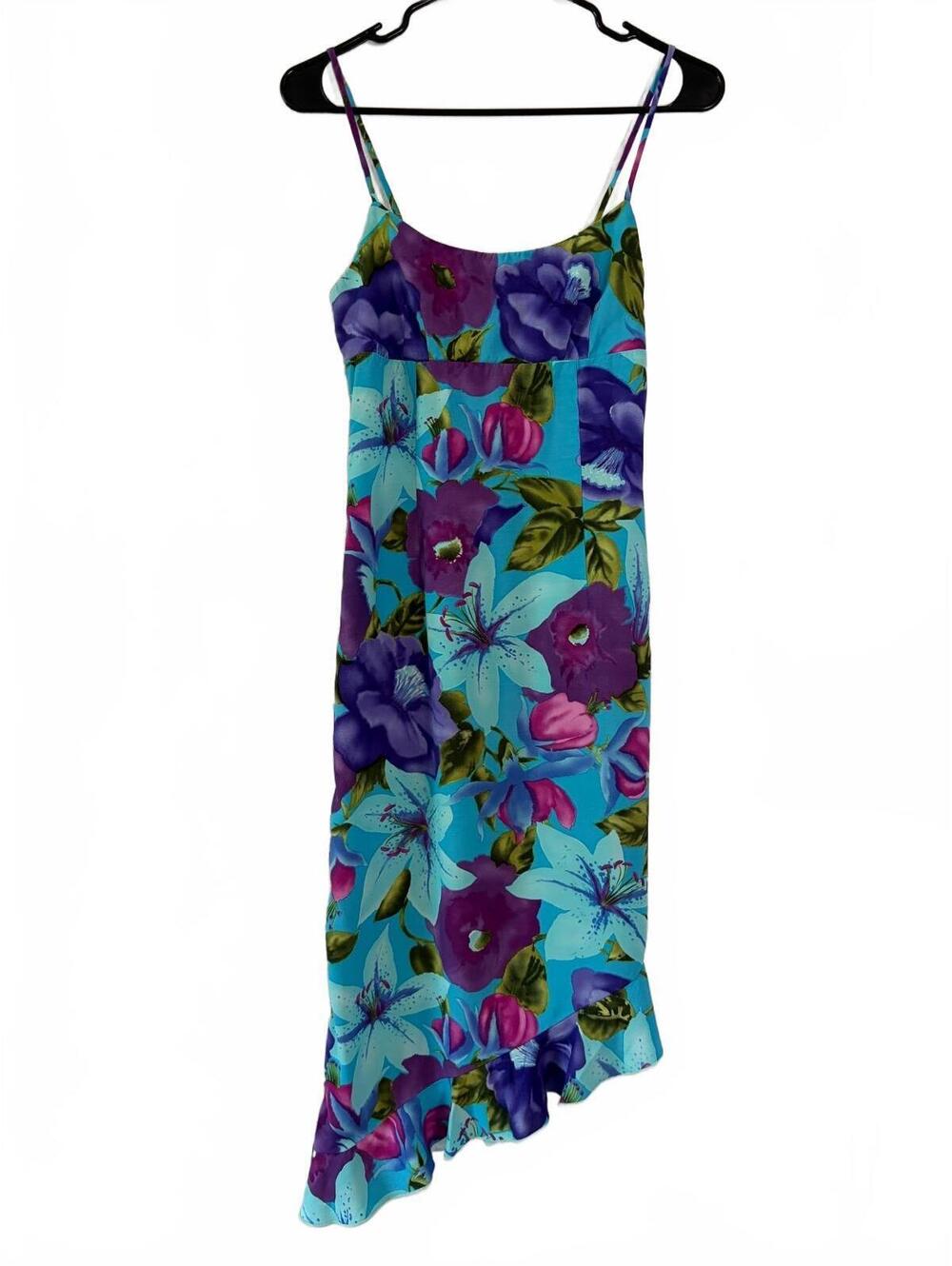 Vtg Y2K Rampage Floral Slip Dress Size M Blue Purple Asymmetrical Hem Sleeveless